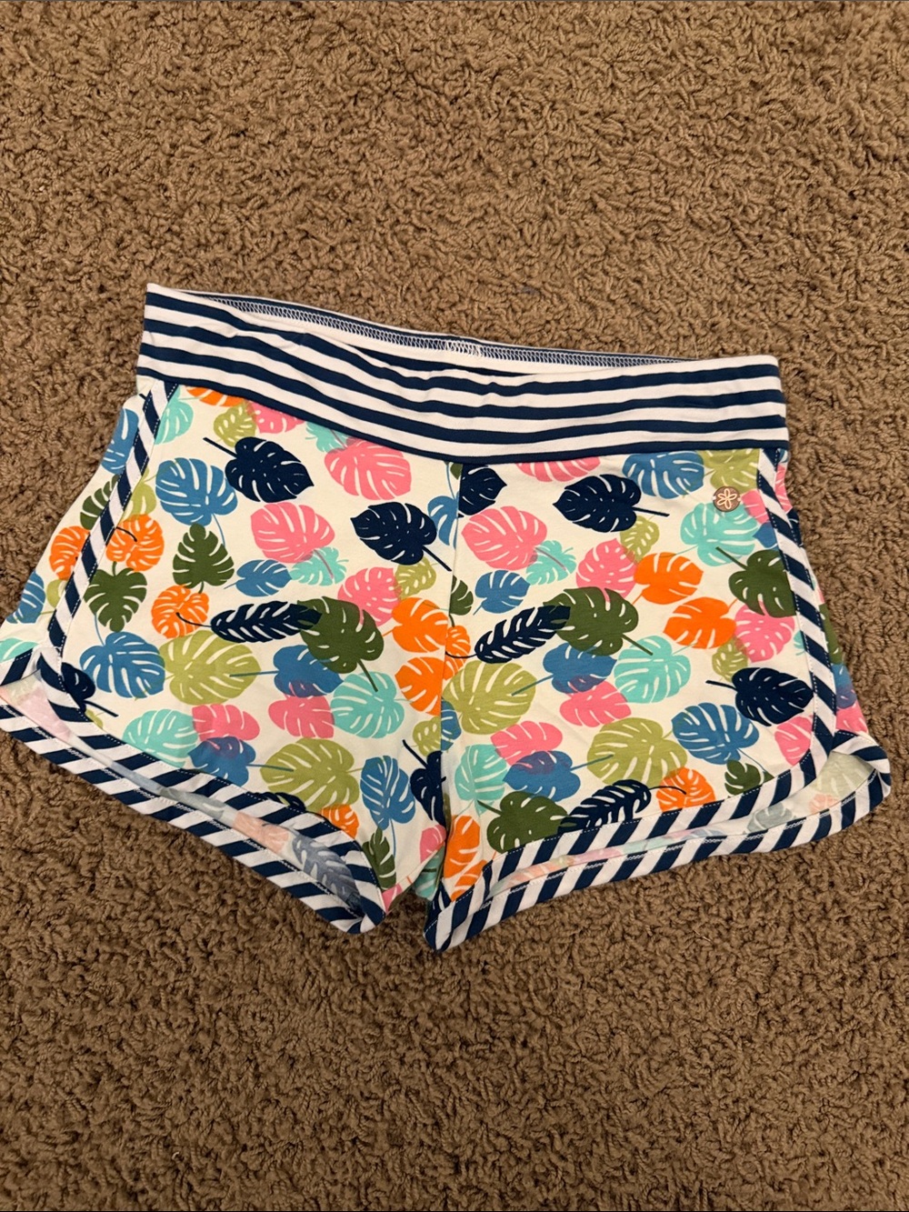 Matilda Jane White Tropical Leaf Print Shorts with Navy Stripe Trim